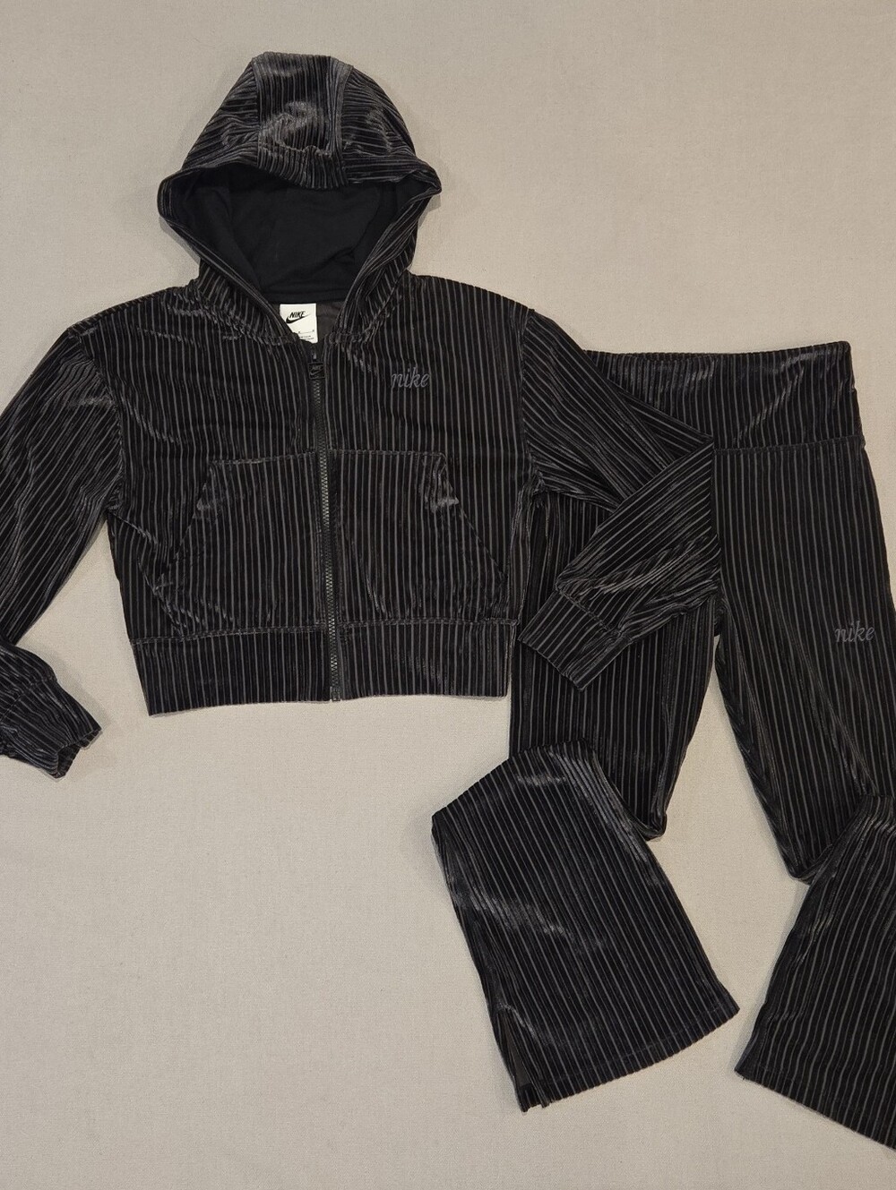 Nike Kids Velour Ribbed Tracksuit Set Crop Jacket Flared Joggers Iron Gray